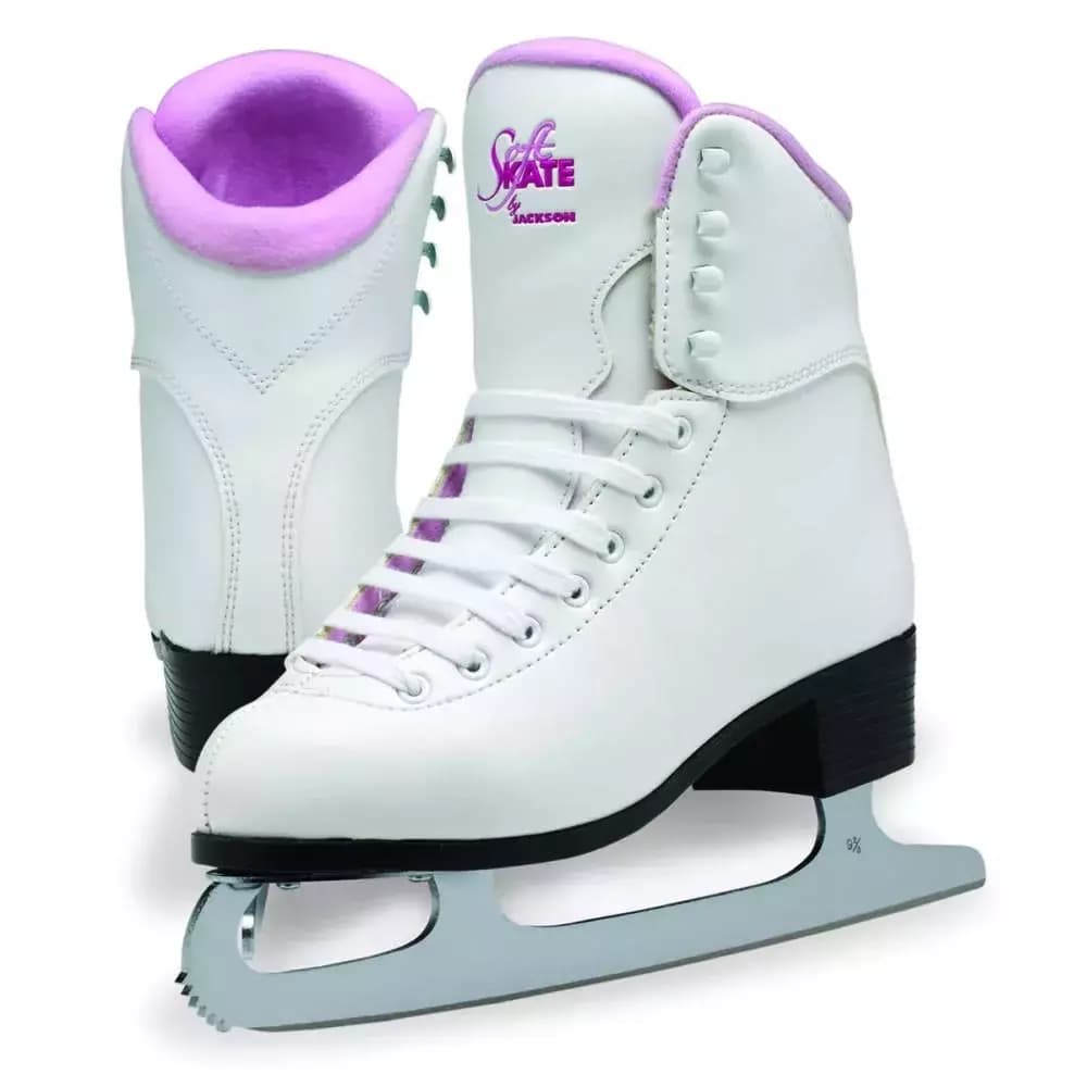 Jackson Ultima Glacier GS180 Women’s and Girls’ Ice Skates 3 Jackson Glacier GS180 in Pink — rose lining rolling over the collar of a white boot, pink Soft Skate tongue logo