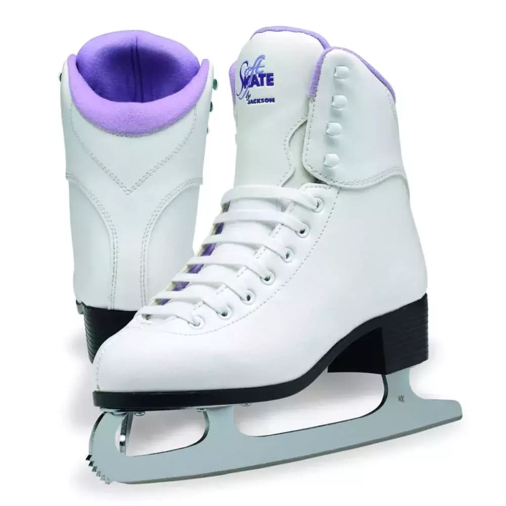 Jackson Ultima Glacier GS180 Women’s and Girls’ Ice Skates 4 Jackson Glacier GS180 in Purple — lilac lining and matching purple Soft Skate tongue logo on a white boot