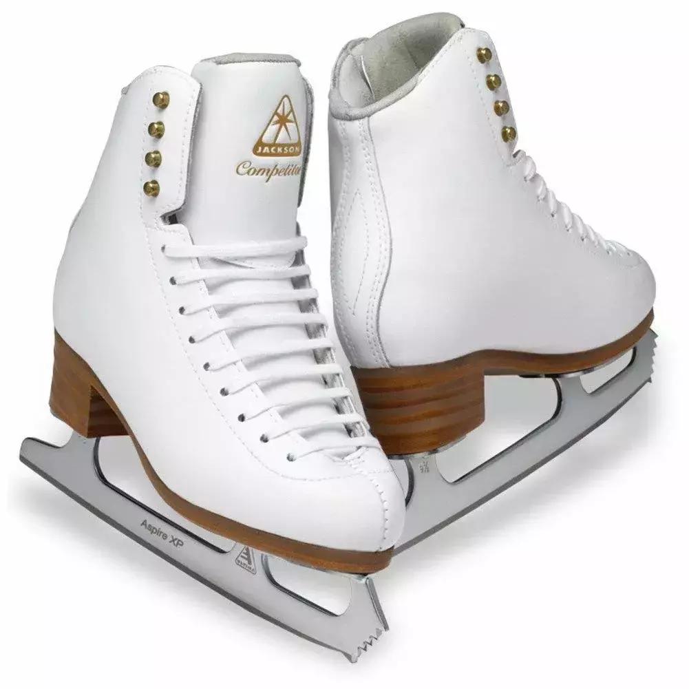 Jackson Ultima Competitor DJ2470 Women’s and Girls’ Figure Skates Jackson Ultima Competitor DJ2470 figure skates: white leather boots with gold lace hooks, tan stacked heels and Ultima Aspire XP blades, side and rear view