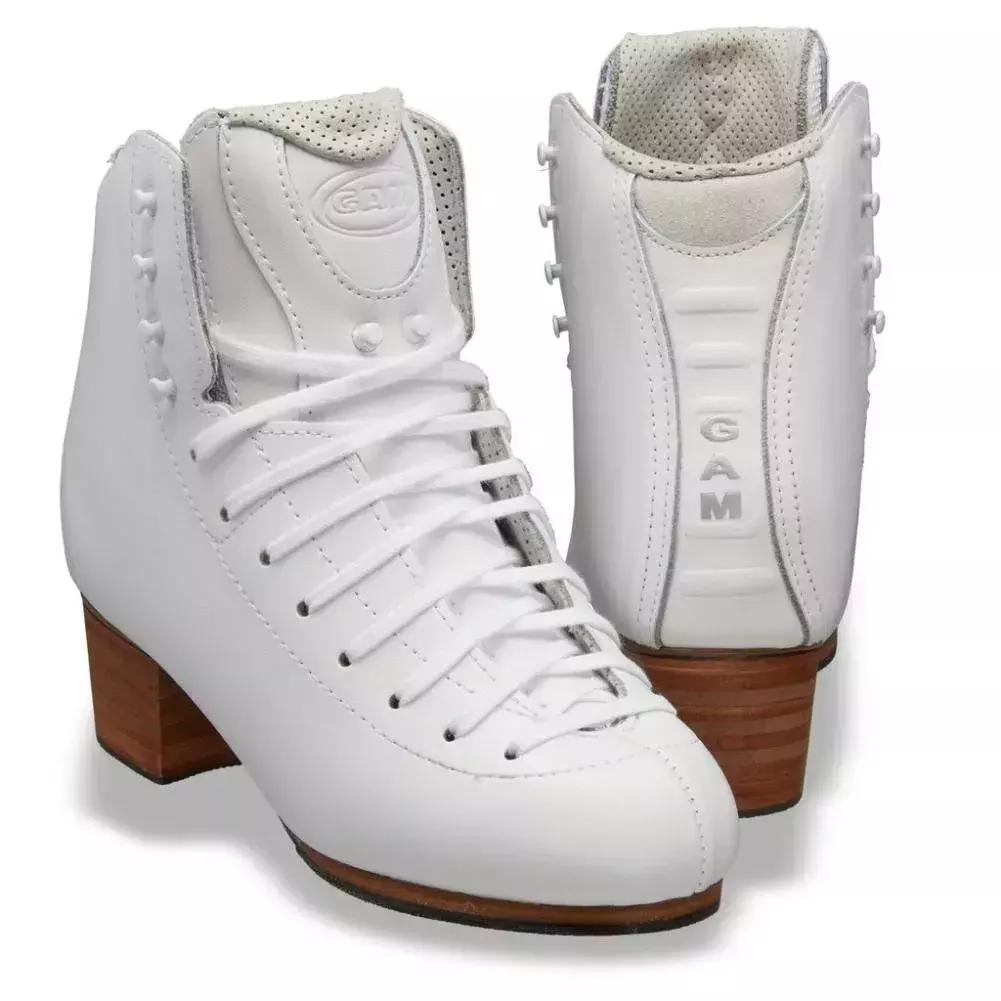 GAM Silver Label G0780 white boots with perforated lining and GAM heel embossing, shown before blade mounting
