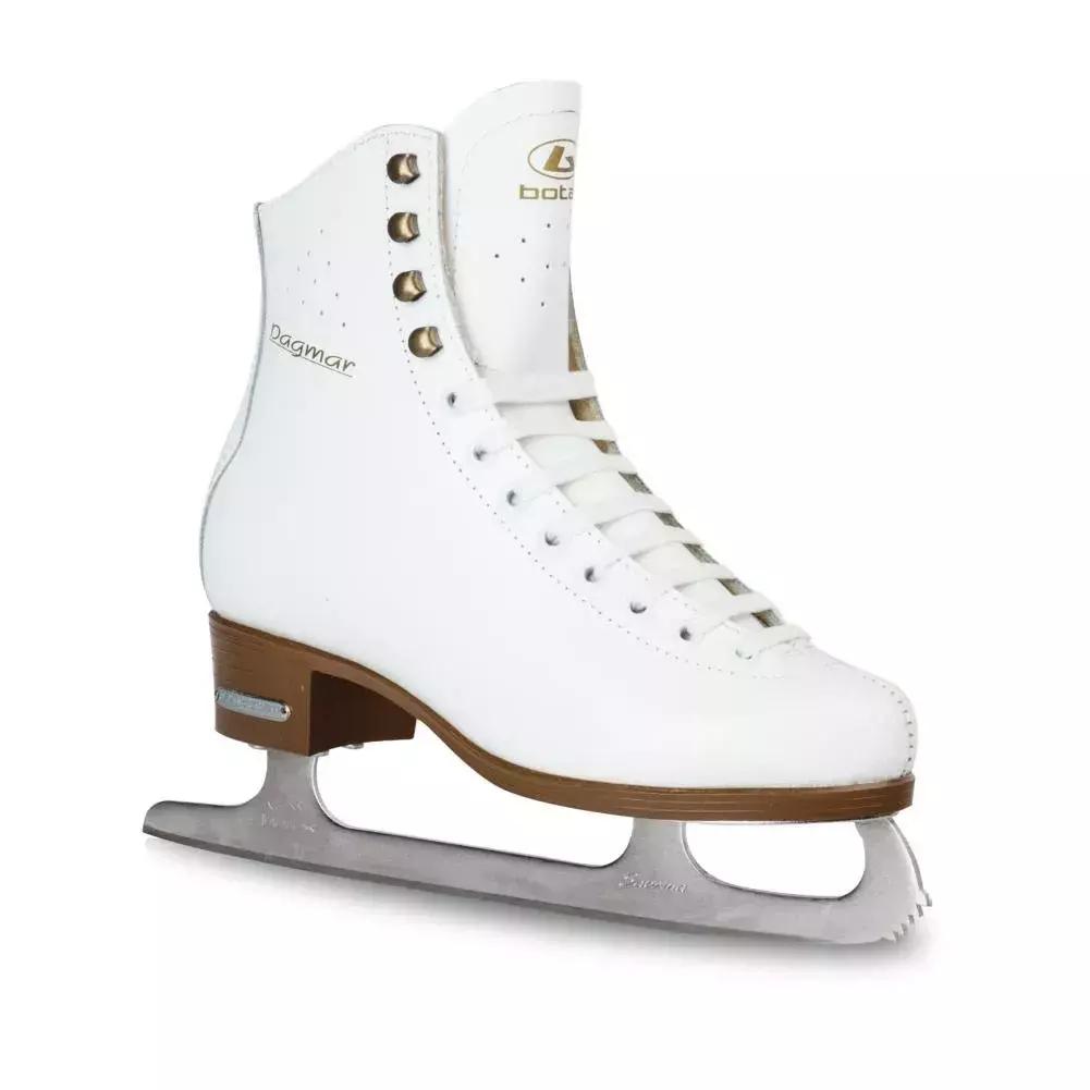BOTAS Dagmar Women’s and Girls’ Figure Skates BOTAS Dagmar white leather figure skate, side view: gold Dagmar lettering, four brass hooks, brown plastic sole and Botas Sabrina blade