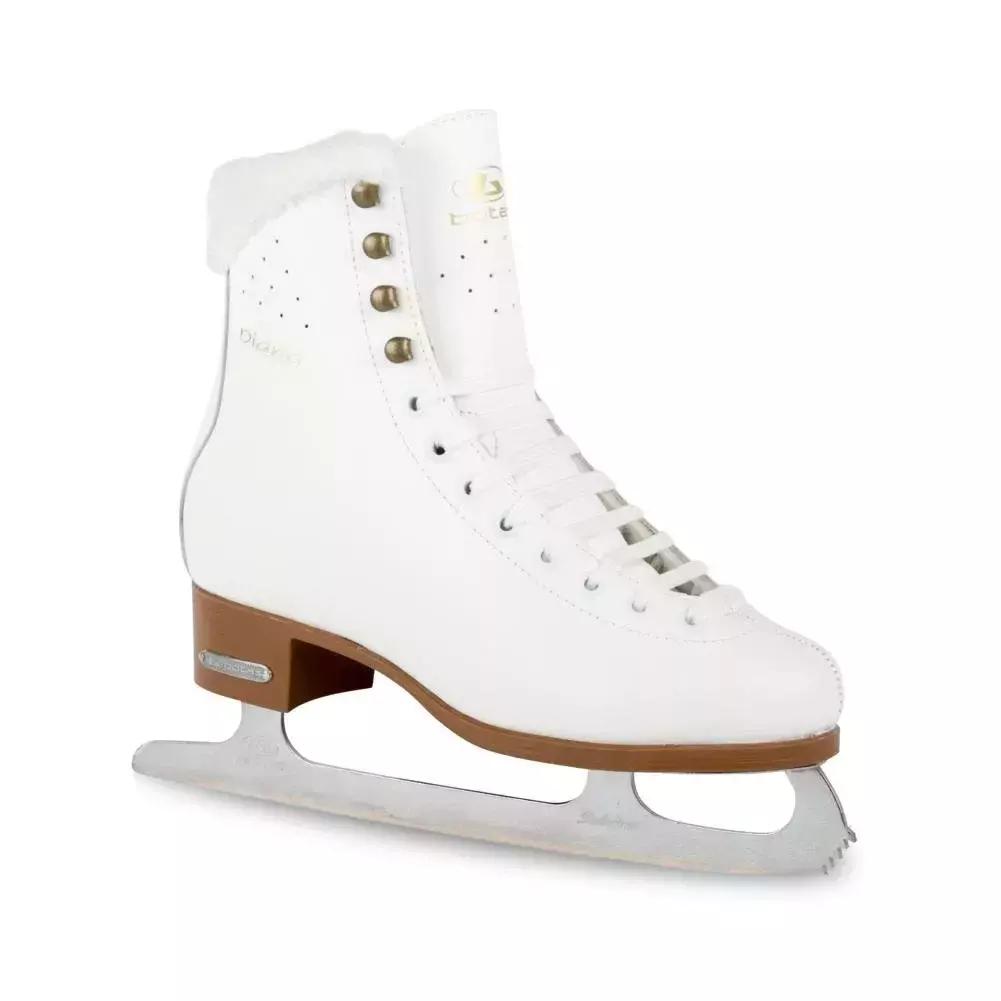 BOTAS Diana white leather figure skate, outside profile showing the plush collar, gold Diana script, antique-brass hooks, brown plastic sole and Sabrina blade