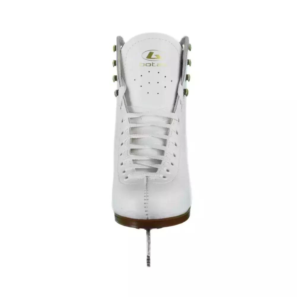 BOTAS Dagmar Women’s and Girls’ Figure Skates 3 BOTAS Dagmar figure skate from the front: felt-lined tongue with gold botas logo and vent holes, white laces and brass hooks