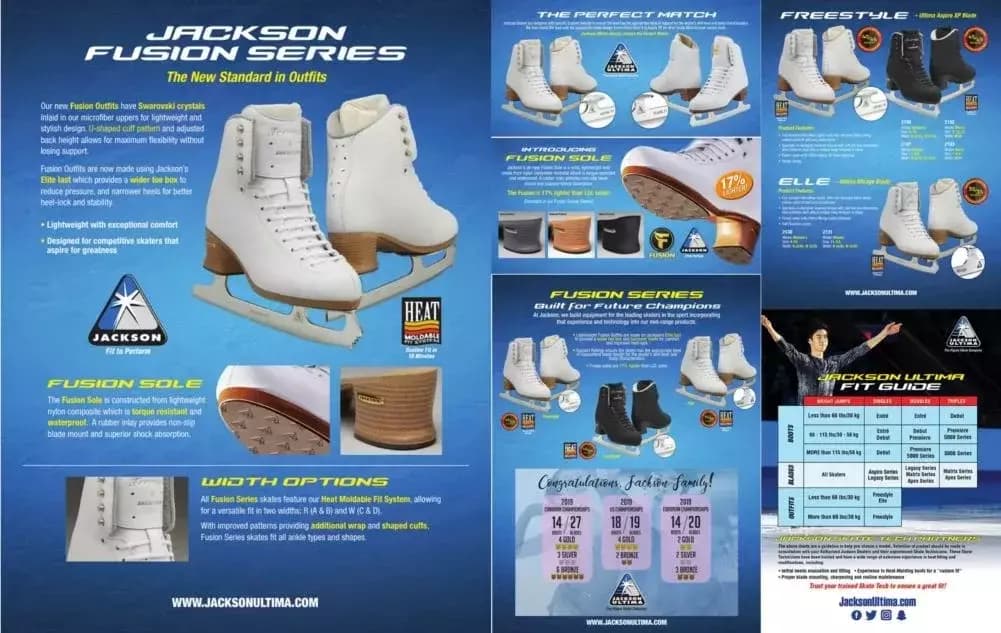 SKATE GURU Jackson Ultima Figure Ice Skates FREESTYLE FS2190 Bundle with Bag and Guardog Skate Guards 3 Jackson Fusion Series brochure describing the Fusion sole, Elite last, width options and Heat Moldable Fit System
