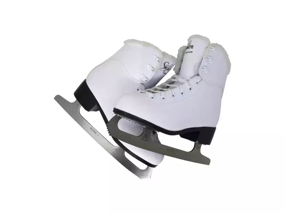Jackson Ultima Glacier GS180 Women’s and Girls’ Ice Skates 5 Jackson Glacier GS180 fleece pair from the side, showing the charcoal PVC outsole and the MARK I etched Ultima blade