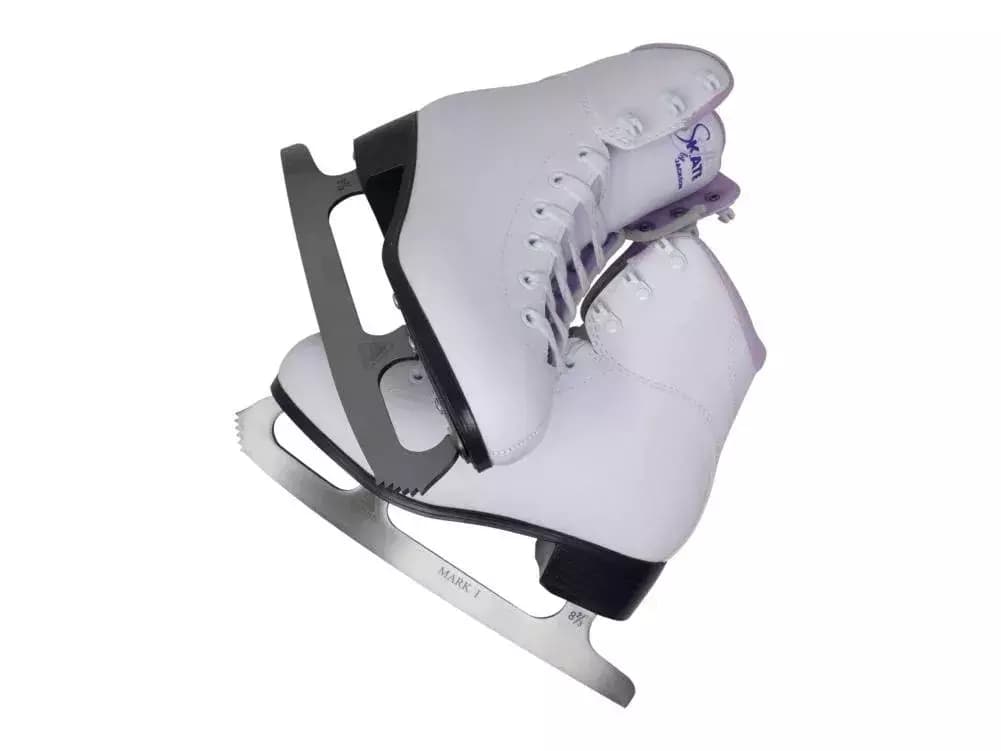 Jackson Ultima Glacier GS180 Women’s and Girls’ Ice Skates 7 Jackson Glacier GS181 in Purple at an angle, showing the charcoal outsole, toe pick and Ultima Mark I blade
