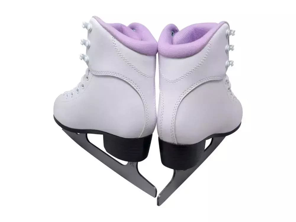 Jackson Ultima Glacier GS180 Women’s and Girls’ Ice Skates 8 Rear view of the Jackson Glacier GS181 in Purple — lilac rolled collars, white lace hooks and black heels