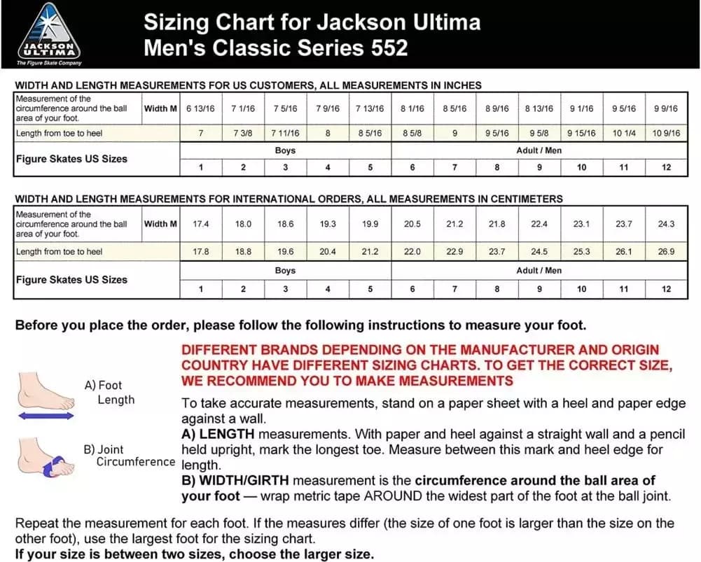 Sizing chart for Jackson Ultima Classic 552 men's and boys' figure skates, boys 1-5 and men 6-12, width M