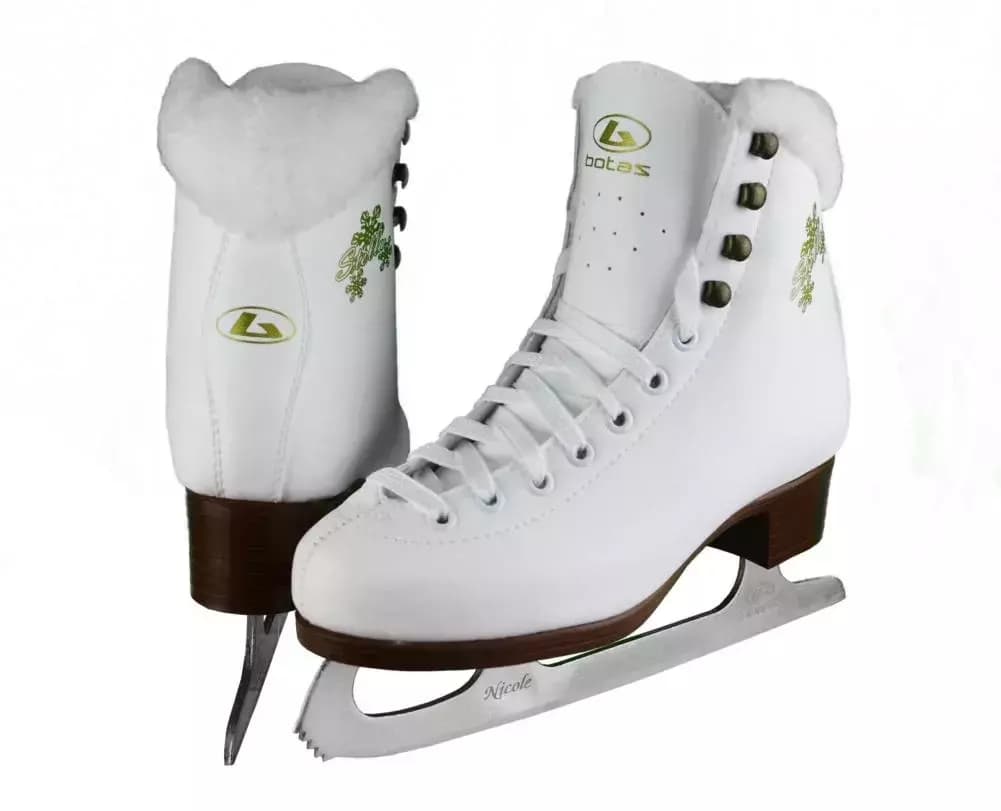 Pair of Botas Stella white figure skates with fleece collars and Nicole blades