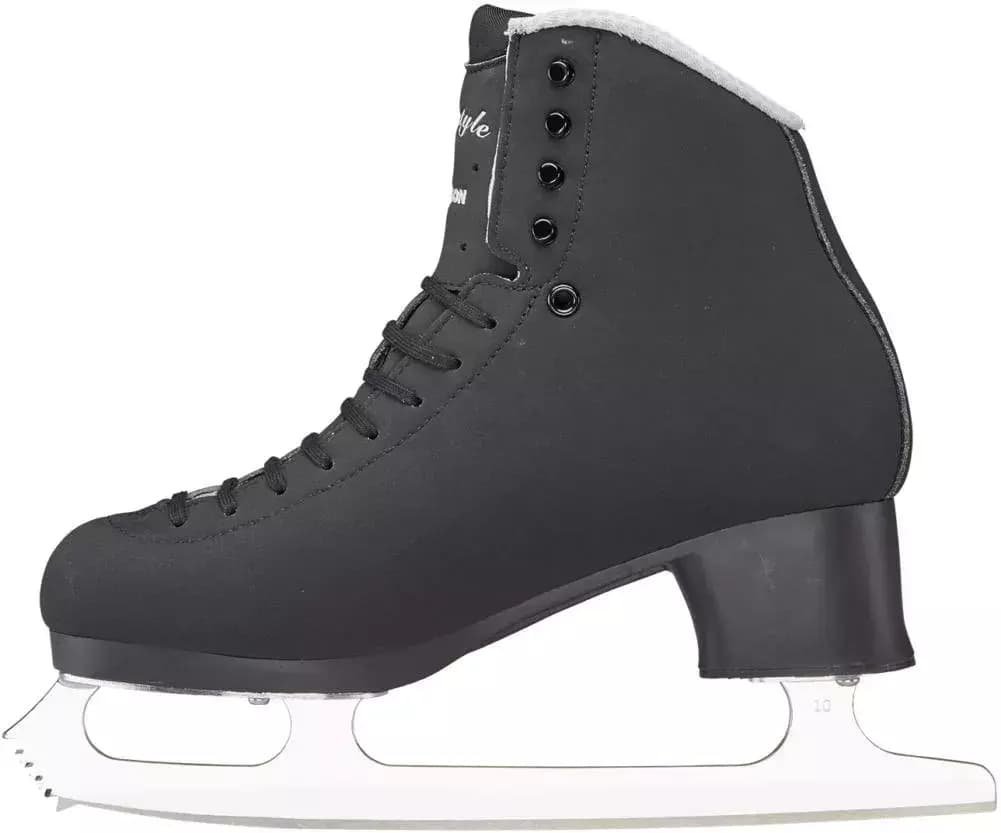 Jackson Ultima Freestyle Fusion FS2192 Mark II Blades Men’s and Boys’ Ice Skates 2 Inside profile of the black Freestyle Fusion FS2192 Mark II boot showing four lace hooks and the mounted Ultima blade