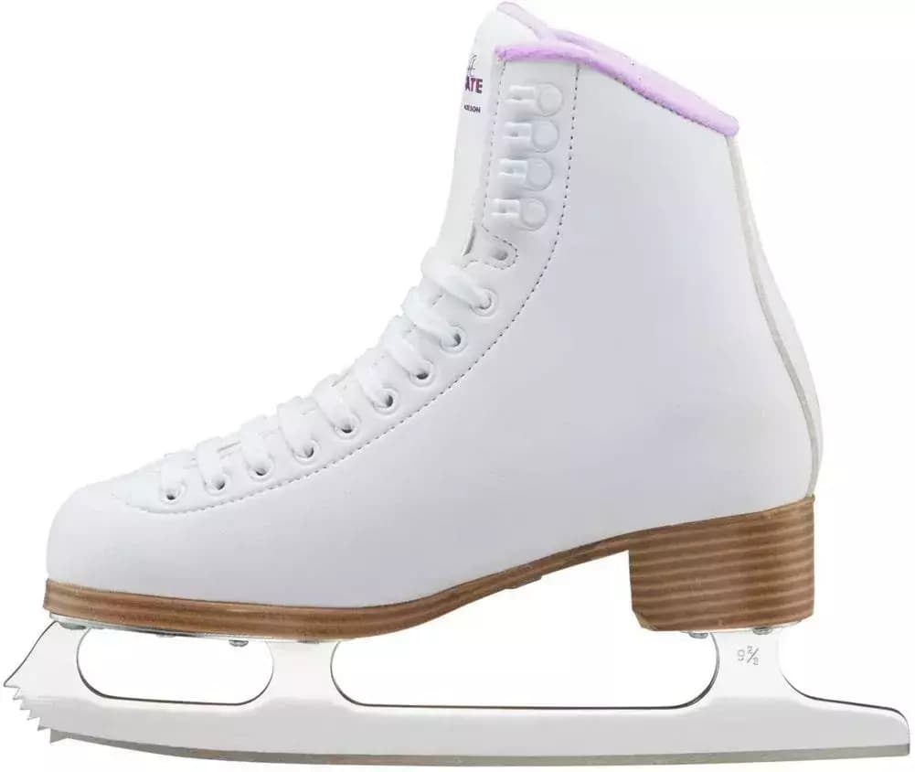 Side profile of the Jackson SoftSkate 380 in white/purple showing the antique tan stacked heel and mounted blade