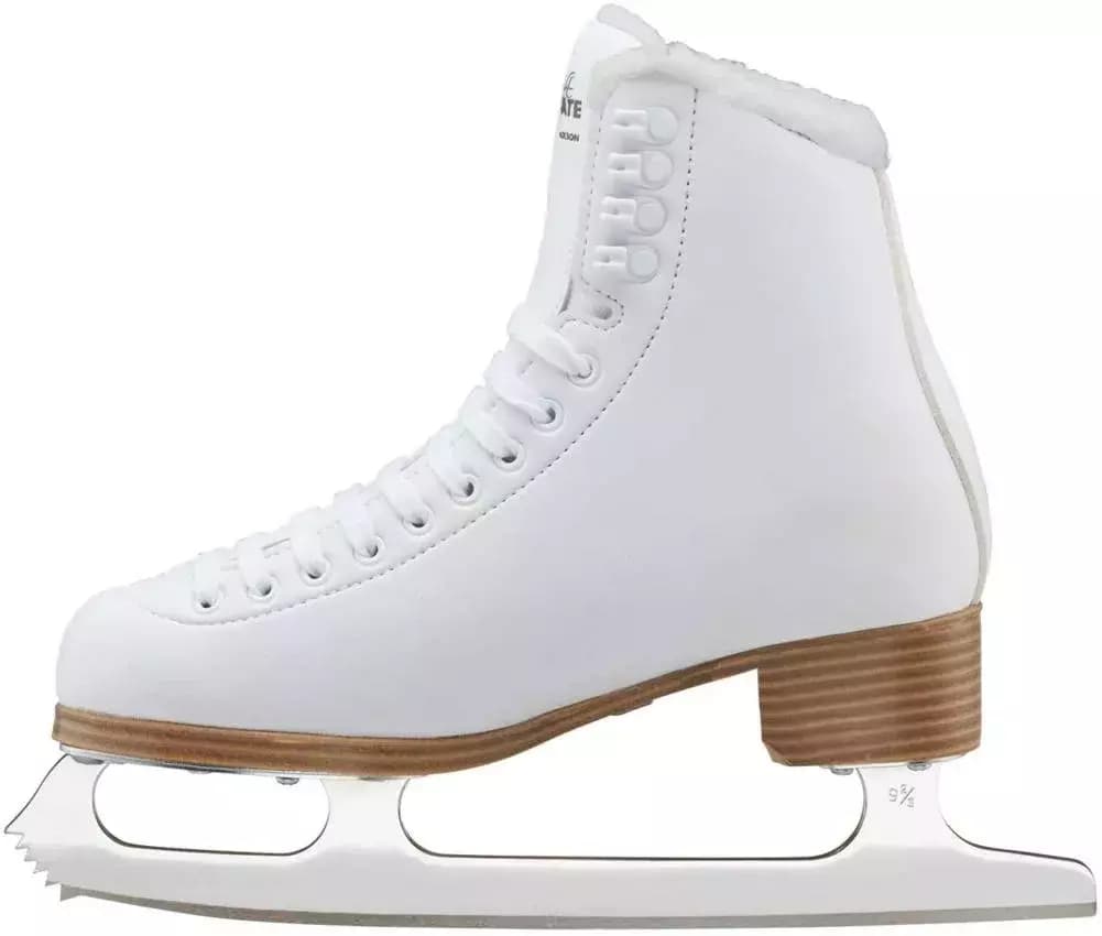 Inside profile of the white Jackson SoftSkate 380 showing the eyelet row, four lace hooks and stacked-look tan heel