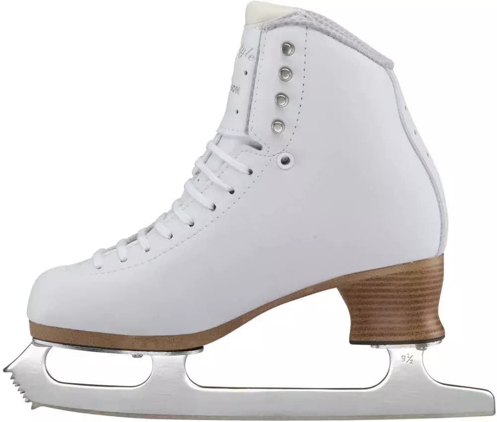 Jackson Ultima Freestyle Fusion FS2190 Mark II Blades Women’s and Girls’ Ice Skates 2 Inside profile of the white Freestyle Fusion FS2190 Mark II boot showing four lace hooks, the tan Fusion sole and the mounted blade