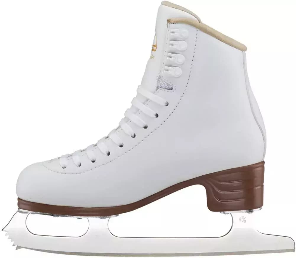 Jackson Ultima Artiste JS1790 Women’s and Girls’ Figure Skates 2 Jackson Ultima Artiste JS1790 figure skate, inside view: white boot with mesh flex notch at the ankle, four lace hooks, brown PVC sole and heel, Mark IV blade