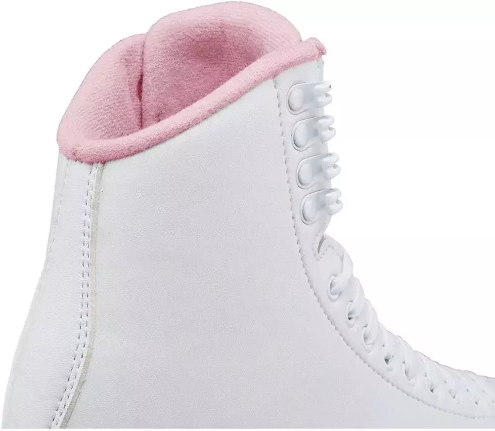 Close-up of the SoftSkate 380 pink fleece rolled collar and the four white lace hooks above the eyelet row
