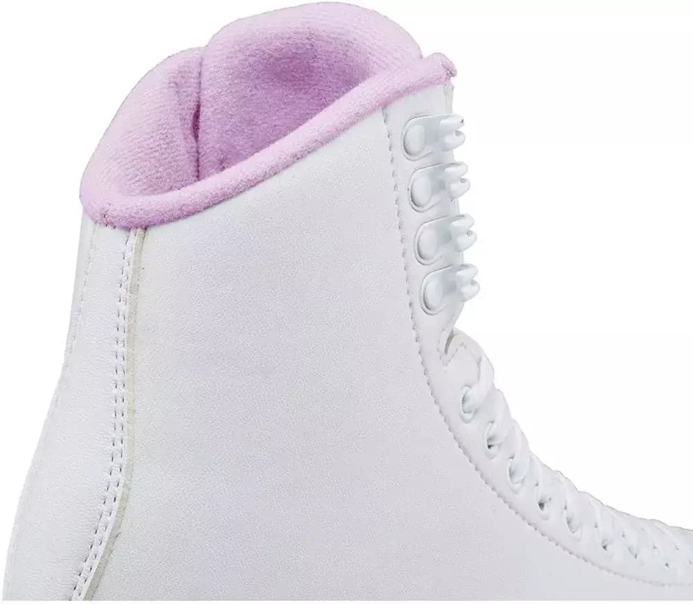 Close-up of the Jackson SoftSkate 380 thick padded rolled collar lined in lilac fleece above the lace hooks