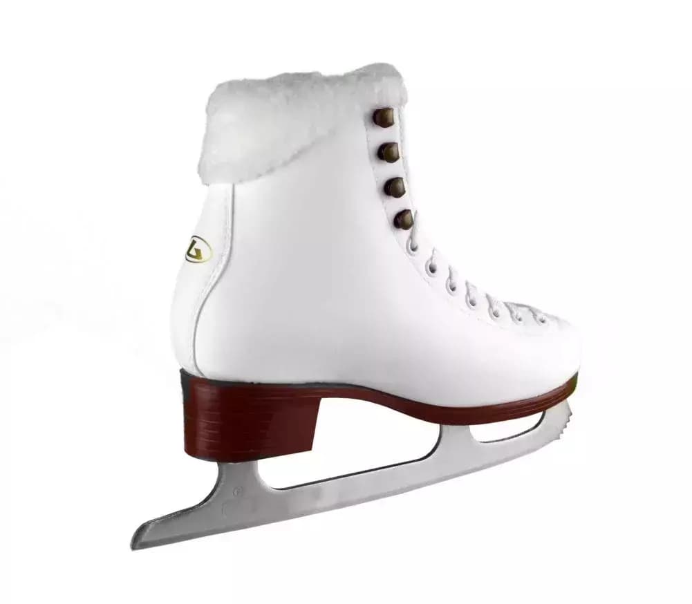 Botas Stella white figure skate rear view with plush collar and brown stacked heel