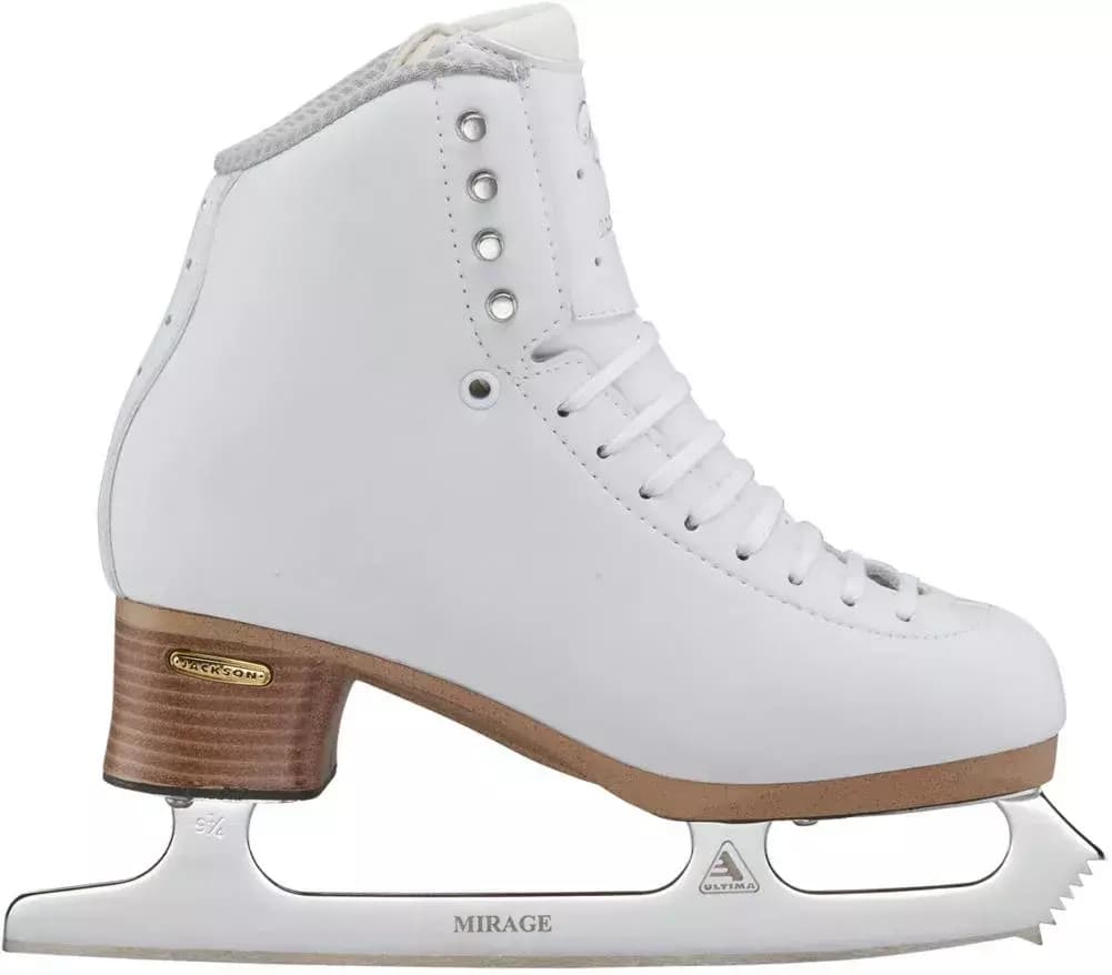 Jackson Ultima Elle FS2130 figure skate outside view: white boot, tan stacked-look heel, chrome Ultima Mirage blade with straight-cut toe pick