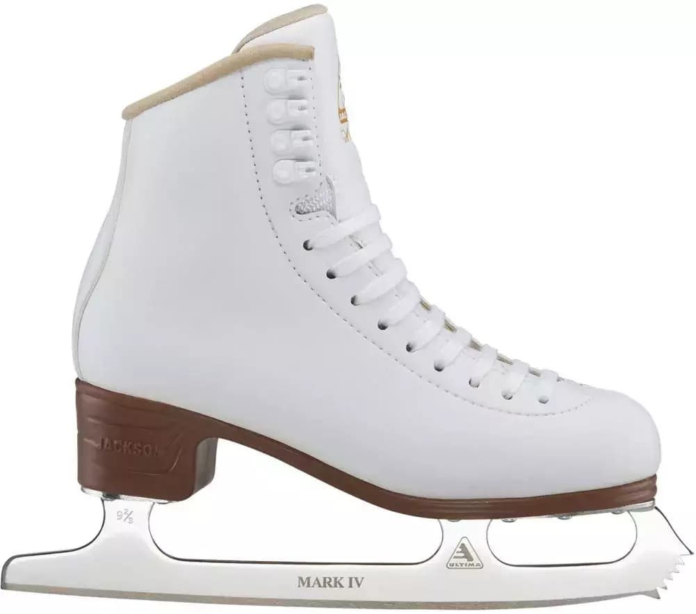 Jackson Ultima Artiste JS1790 Women’s and Girls’ Figure Skates 5 Jackson Ultima Artiste JS1790 figure skate, outside view: white boot with tan topline, stitched quarter panels, brown PVC outsole and heel, Mark IV blade with toe pick