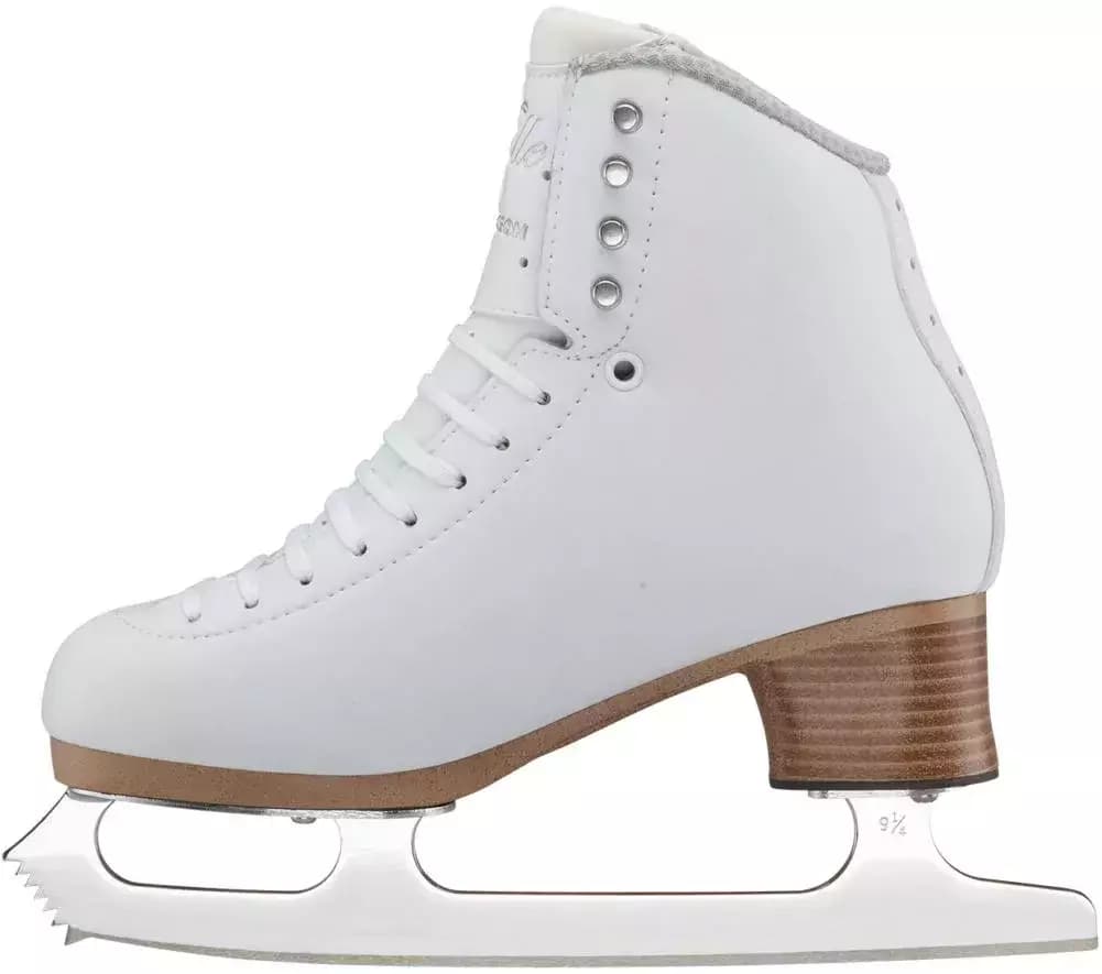Jackson Ultima Elle FS2130 figure skate, inside view: white boot with four silver lace hooks, tan stacked-look heel and Ultima Mirage blade