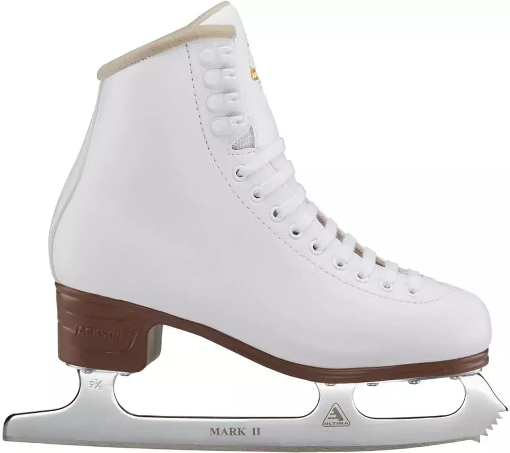 Jackson Ultima Excel figure skate, outside view with the Jackson-embossed heel and Ultima Mark II blade