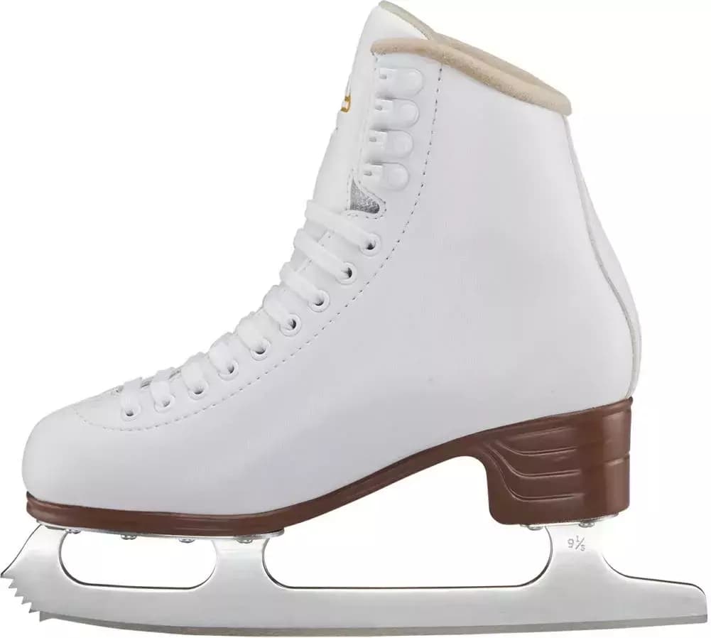 Jackson Ultima Excel figure skate, inside view showing the vinyl-coated boot, eyelets, lace hooks and brown PVC sole
