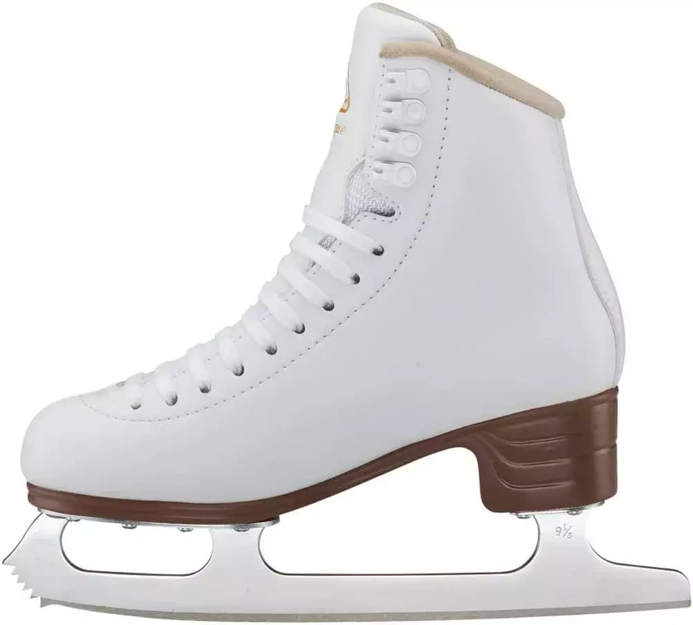 Jackson Ultima Mystique JS1490/JS1491 Women’s and Girls’ Figure Skates 2 Inside view of a white Jackson Ultima Mystique JS1490 figure skate showing the brown stacked PVC heel and Mark II blade