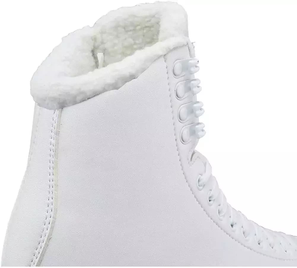 Close-up of the thick cream fleece rolled collar and white lace hooks on the Jackson SoftSkate 380
