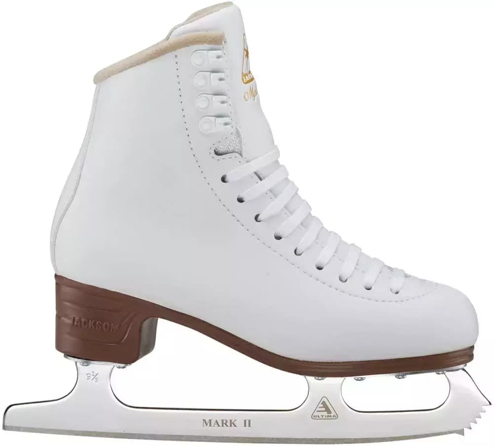 Jackson Ultima Mystique JS1490/JS1491 Women’s and Girls’ Figure Skates 5 Outside profile of the white Jackson Ultima Mystique JS1490 figure skate with JACKSON embossed on the brown heel