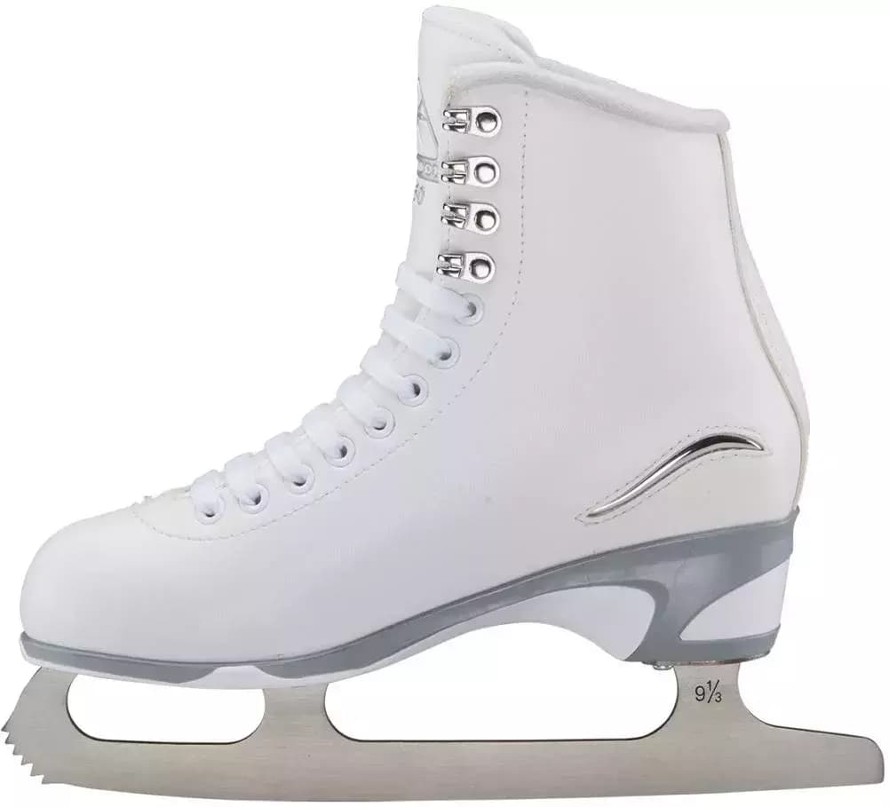 Jackson Finesse JS450 white figure skate side view with sculpted PVC outsole and Mark I blade