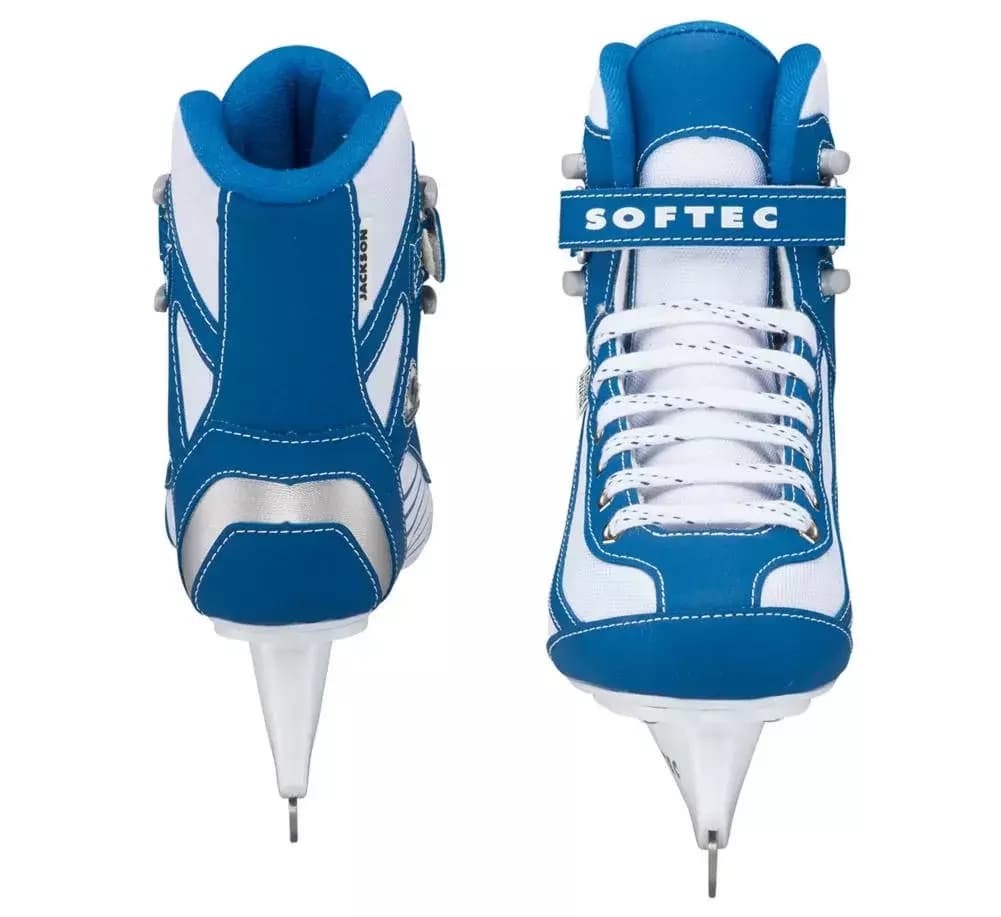 Jackson Ultima Softec Sport ST6100 / ST6101 Women’s and Girls’ Ice Skates with Hockey Blade 6 Front and back views of the Softec Sport ST6100, showing the blue padded collar and the hockey runners with no toe pick