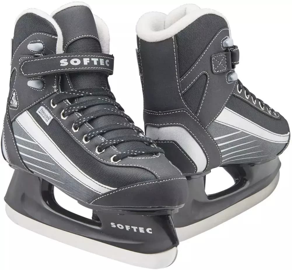 Jackson Ultima Softec Sport ST6102 ice skates, a black pair on black plastic hockey blade holders printed SOFTEC
