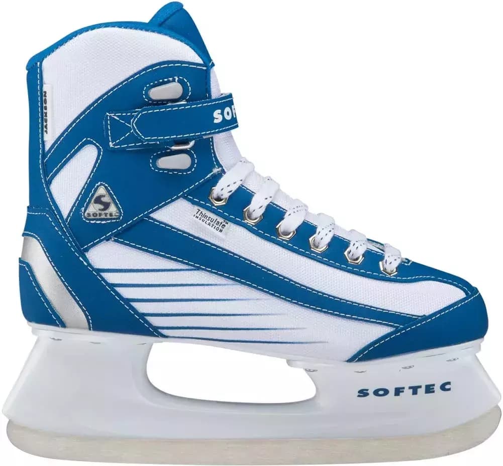 Jackson Ultima Softec Sport ST6100 / ST6101 Women’s and Girls’ Ice Skates with Hockey Blade 5 Softec Sport ST6100 side profile with the blue line-art graphic, stitched Thinsulate label and hockey blade in its white plastic holder