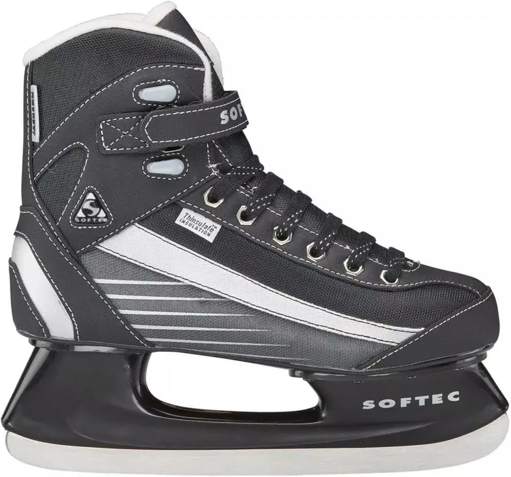 Softec Sport ST6102 side profile with the white overlay stripe, stitched Thinsulate label and hockey blade in its black plastic holder