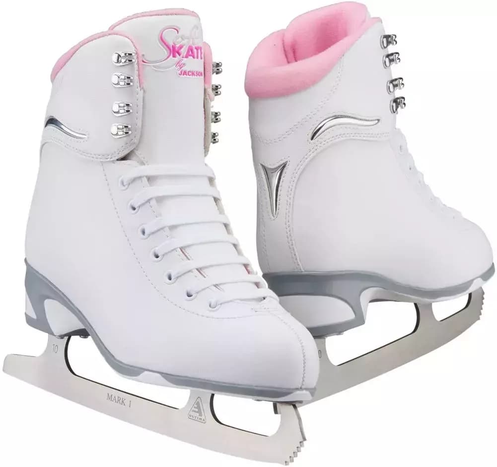 Jackson SoftSkate JS180 in Pink: white boot with a pink padded collar and Ultima Mark I blade