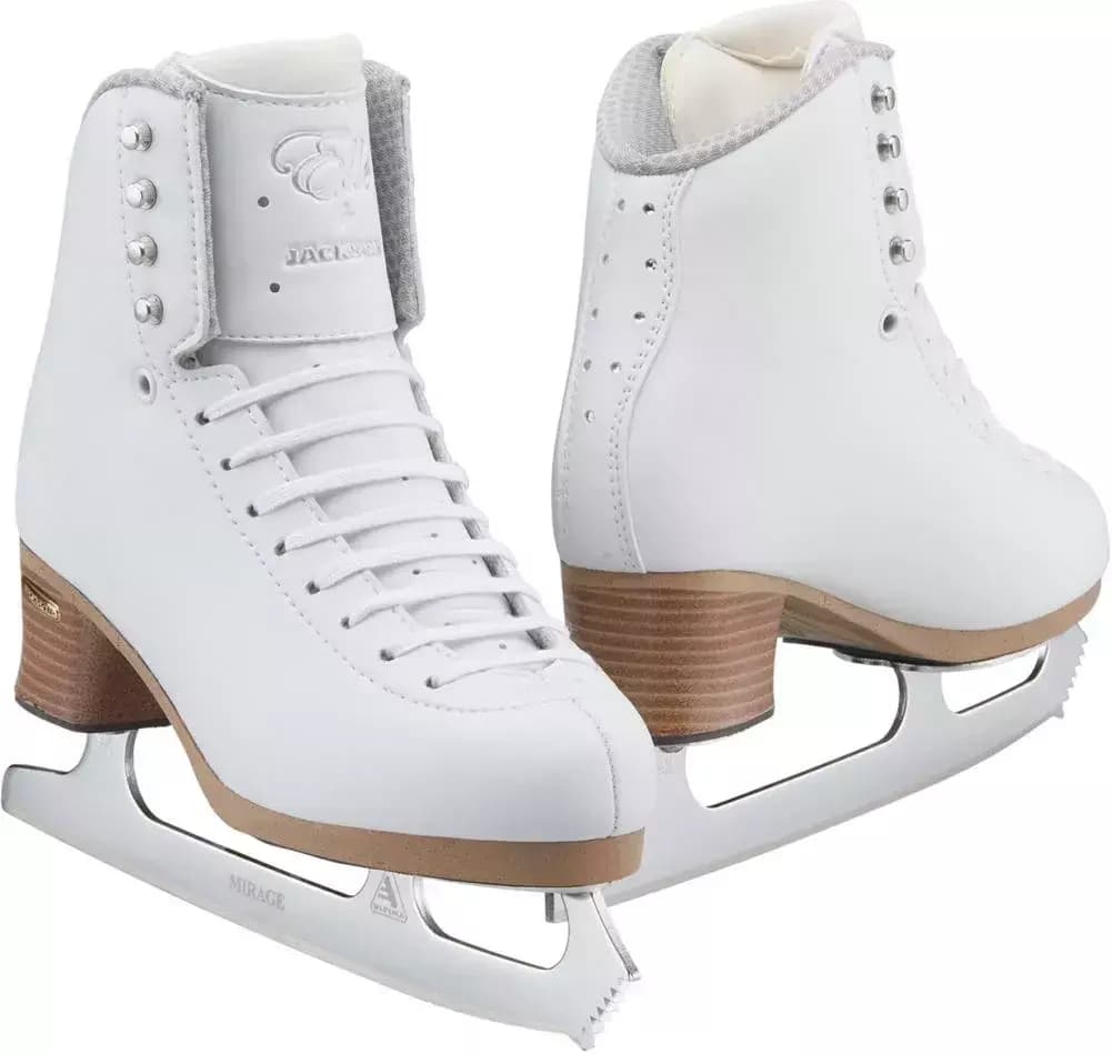 Jackson Ultima Elle Fusion FS2130 figure skates: pair of white microfiber boots with silver Elle tongue logo, tan Fusion soles and Ultima Mirage blades
