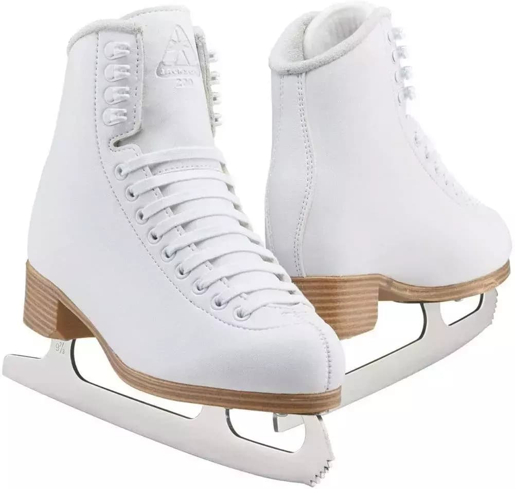Jackson Ultima Classic 200 Women’s and Girls’ Ice Skates Mark I Blade Pair of Jackson Ultima Classic 200 white figure skates with antique tan soles and Ultima Mark I blades