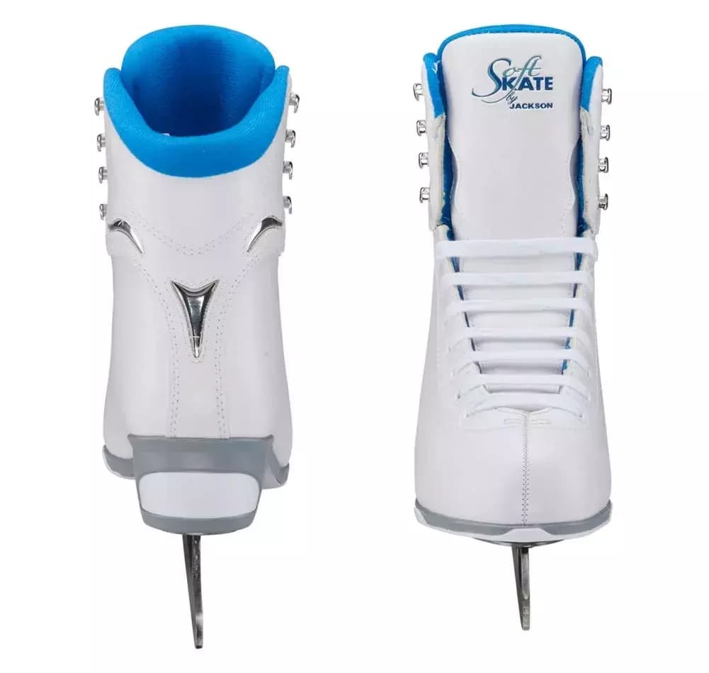 Front and back views of the Jackson SoftSkate JS180 showing the blue lining running down the lace gusset and the SoftSkate by Jackson tongue logo