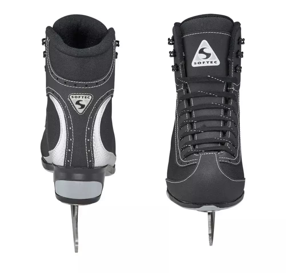 Front and back views of the black Softec Vista ST3200 with lacing and heel branding