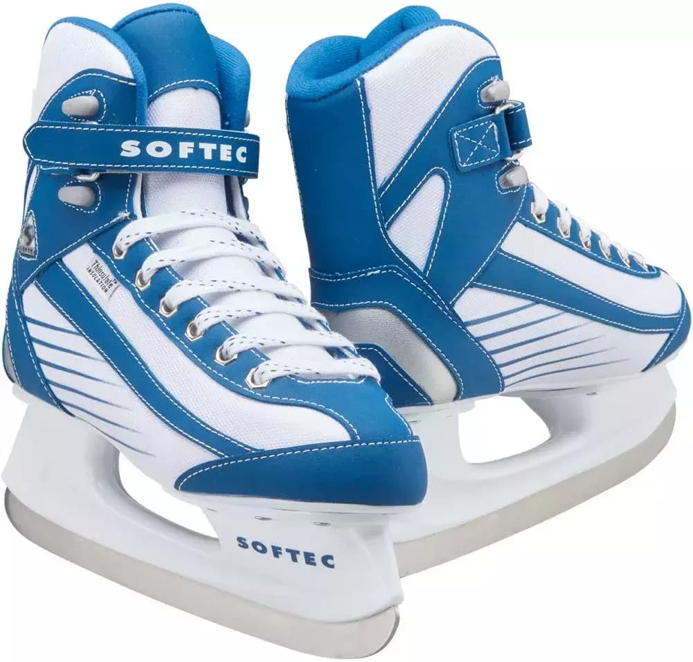 Jackson Ultima Softec Sport ST6100 / ST6101 Women’s and Girls’ Ice Skates with Hockey Blade Jackson Ultima Softec Sport ST6100 ice skates, a white and blue pair on white plastic hockey blade holders printed SOFTEC