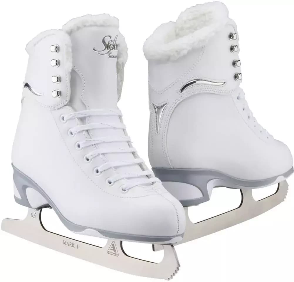 Jackson SoftSkate JS180 in Fleece: white boot with a plush white fleece collar and Ultima Mark I blade