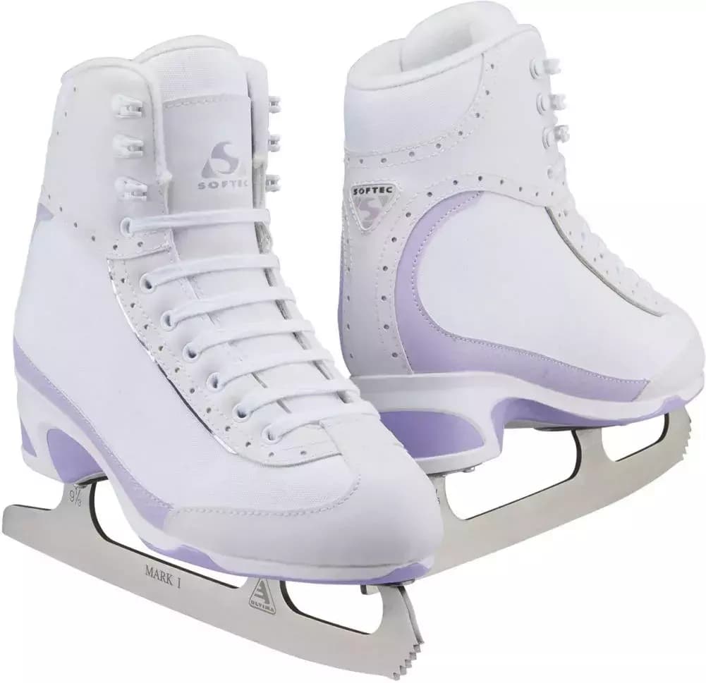 Jackson Softec Vista ST3200 ice skates in white with lilac trim and Ultima Mark I blades