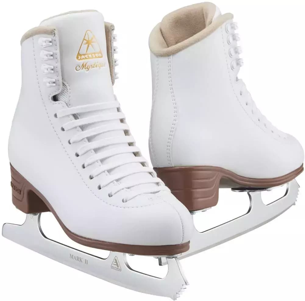 Jackson Ultima Mystique JS1490/JS1491 Women’s and Girls’ Figure Skates Pair of white Jackson Ultima Mystique JS1490 figure skates with gold Jackson and Mystique logos, tan padded collars and Ultima Mark II blades