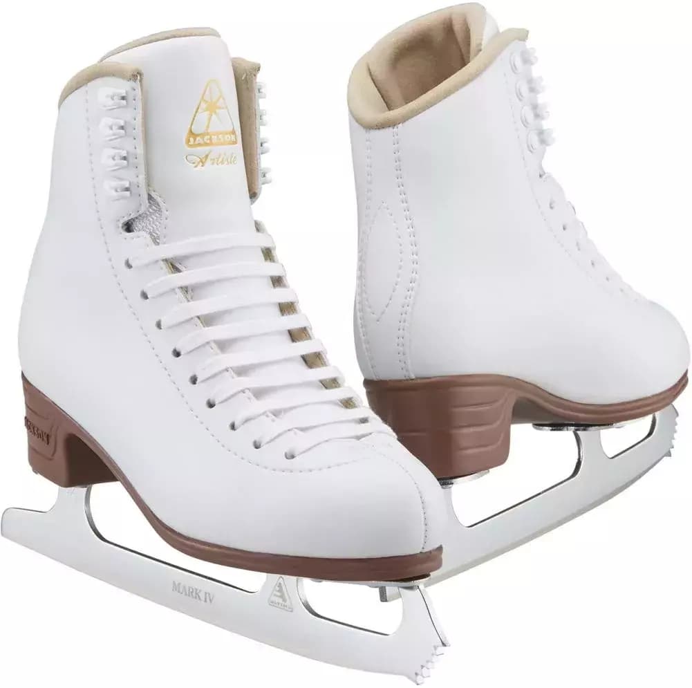 Jackson Ultima Artiste JS1790 Women’s and Girls’ Figure Skates Jackson Ultima Artiste JS1790 figure skates, pair: white boots with tan padded topline, gold Jackson Artiste tongue logo, brown PVC heels and chrome Ultima Mark IV blades