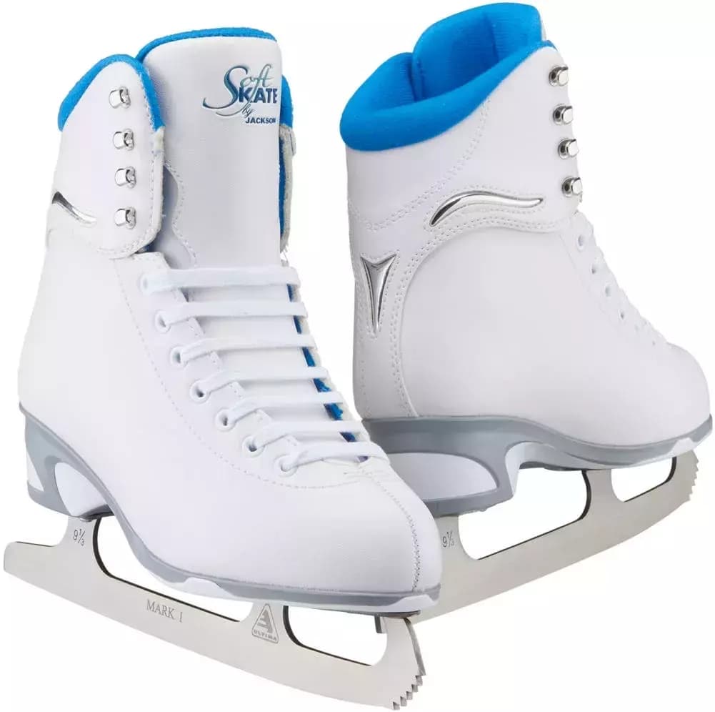 Jackson SoftSkate JS180 white figure skates with a blue padded collar, pair view with Ultima Mark I blades
