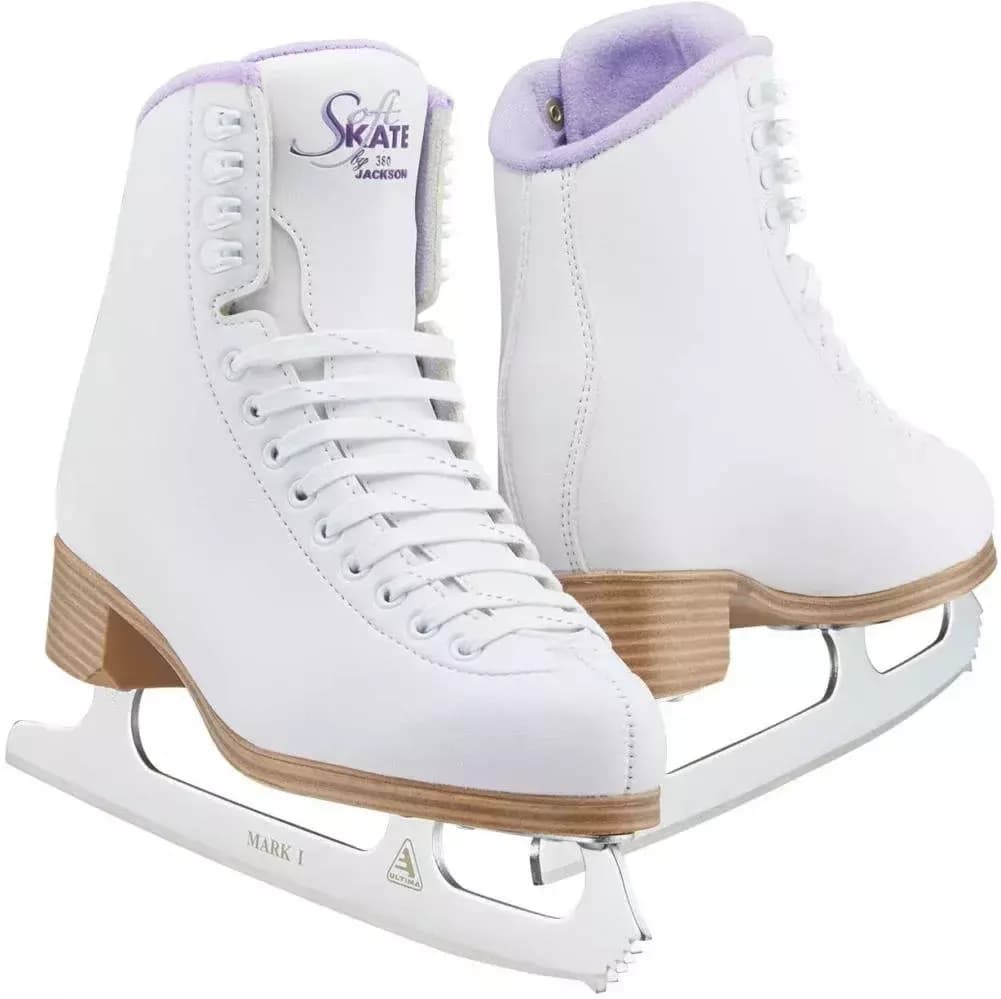 Pair of white Jackson Ultima Classic SoftSkate 380 ice skates with lilac fleece collars and Ultima Mark I blades