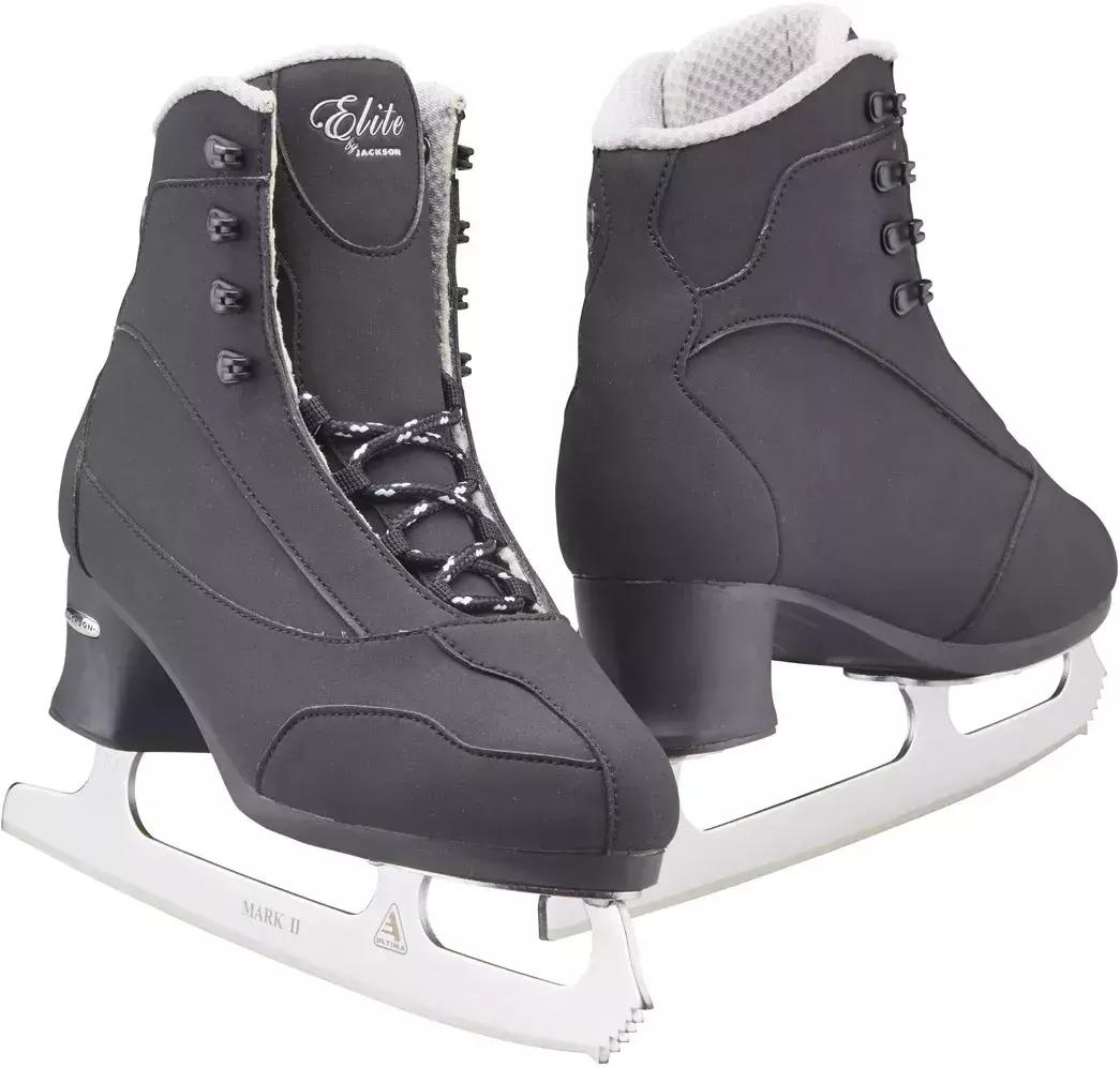 Jackson Ultima Softec Elite ST7202 Men’s Ice Skates Jackson Softec Elite ST7202 men's ice skates, a pair of black microfiber boots on Ultima Mark II figure blades