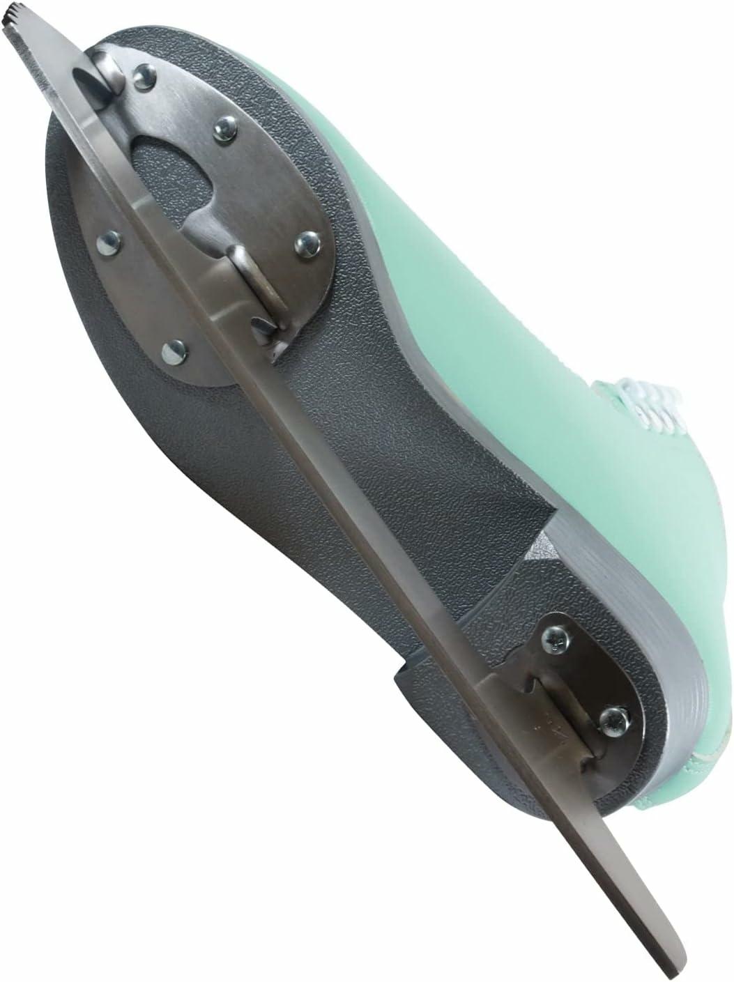 Jackson Ultima Classic SoftSkate 380 Women’s and Girls’ Ice Skates Mint 6 Mint Jackson SoftSkate 380 ice skate, underside showing the dark gray textured PVC sole and the Ultima Mark I blade riveted to the toe plate