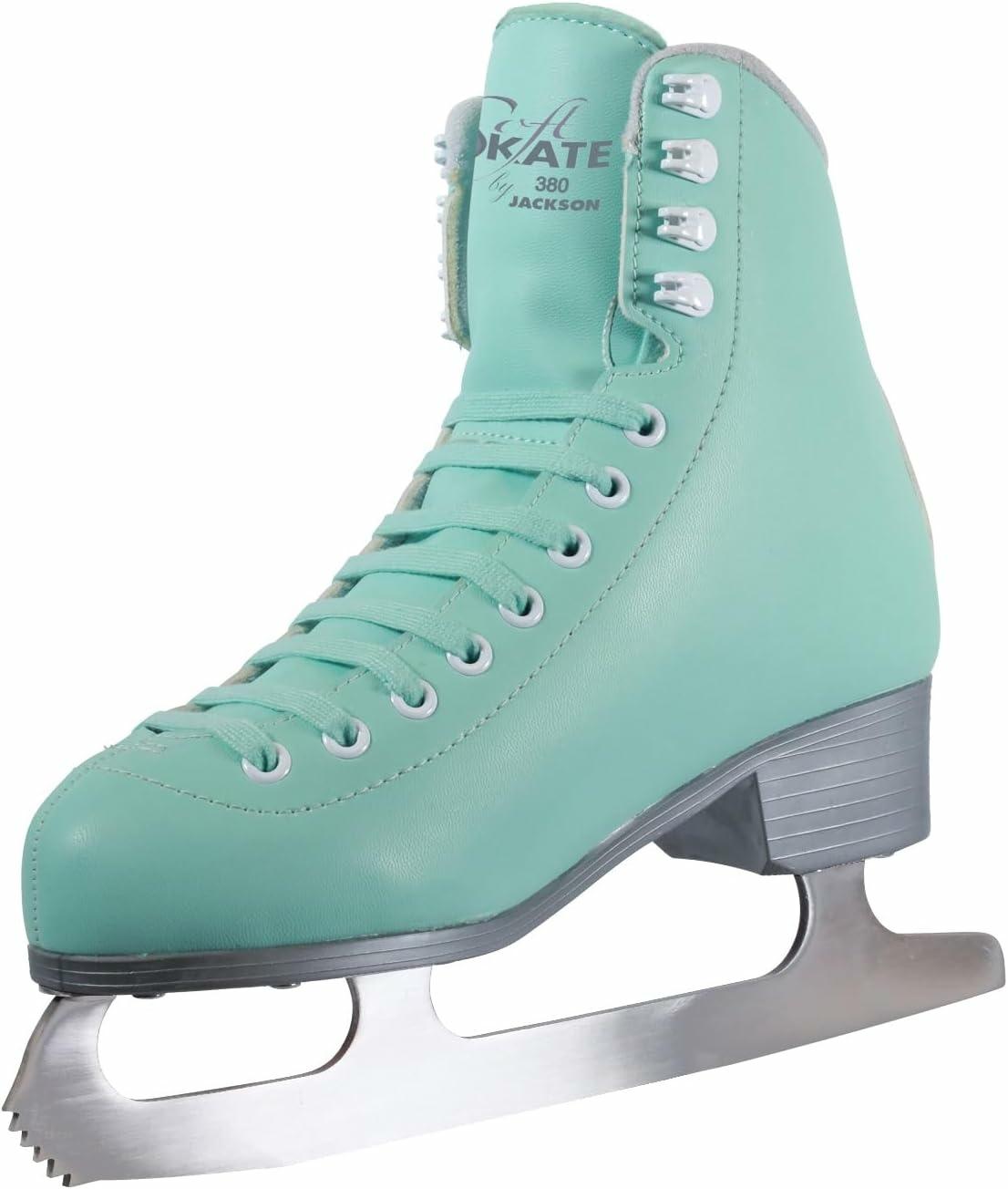 Jackson Ultima Classic SoftSkate 380 Women’s and Girls’ Ice Skates Mint 2 Mint Jackson SoftSkate 380 ice skate, angled view showing blade and lacing