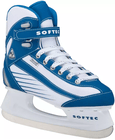 Jackson Ultima Softec Sport ST6100 / ST6101 Women’s and Girls’ Ice Skates with Hockey Blade 11 Softec Sport ST6100 outer three-quarter view showing the blue heel counter, silver panel and stainless steel hockey runner